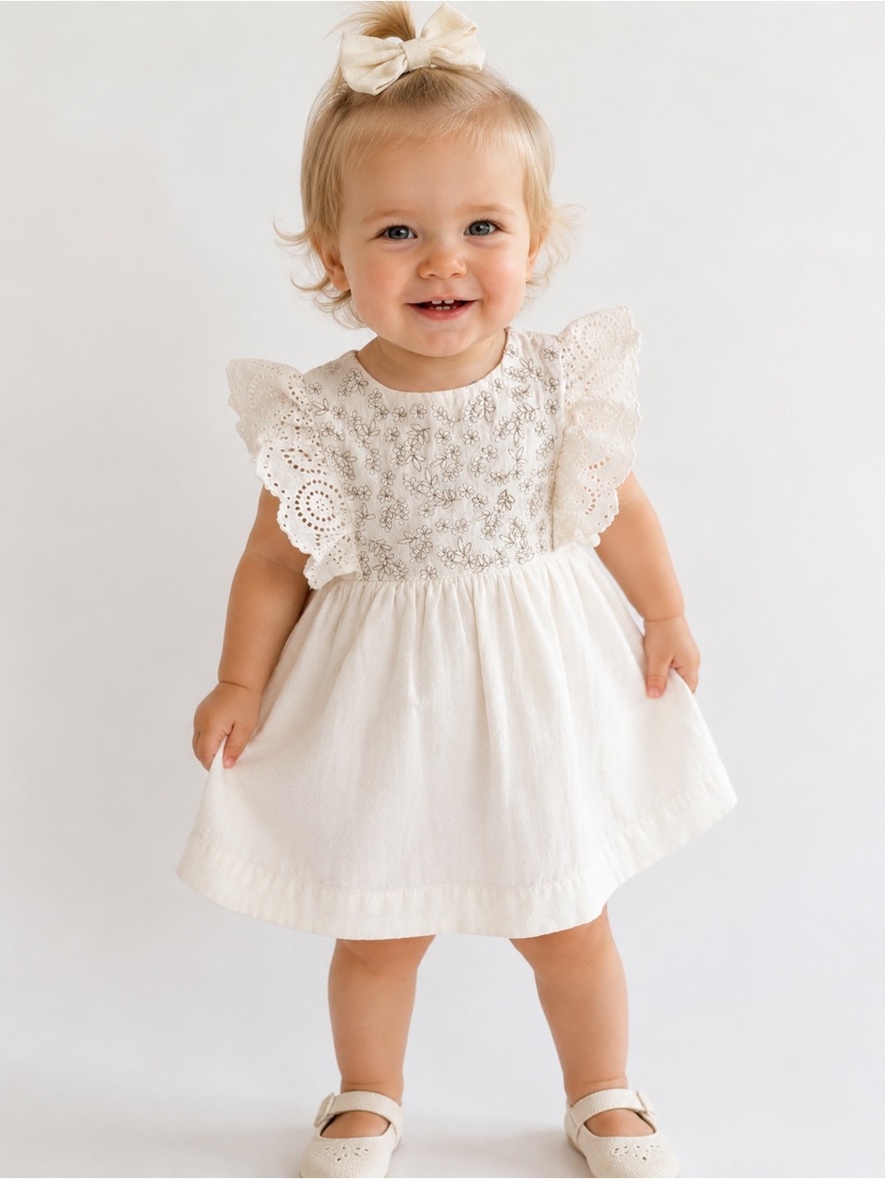 Zara Kids Ivory Eyelet Flutter Sleeve Dress | Size 18–24 Months